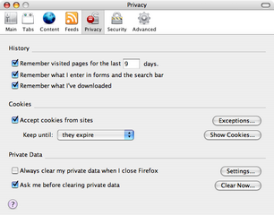 Firefox オプションダイアログ内のプライバシーパネルのスクリーンショット