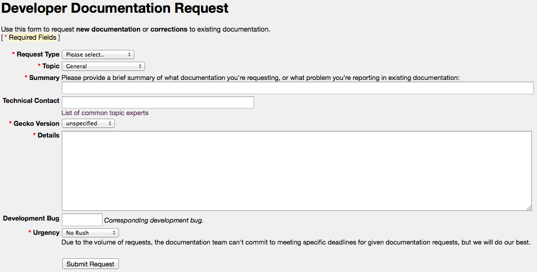 A screenshot of the documentation request form